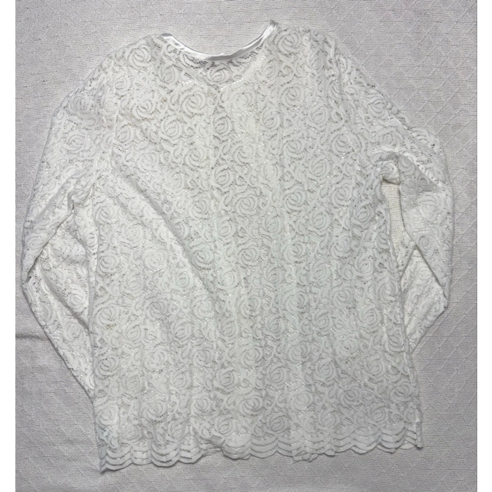 VTG 90s Tudor Court White Coquette Scalloped Lace Top Button Cardigan SZ L - Picture 7 of 8